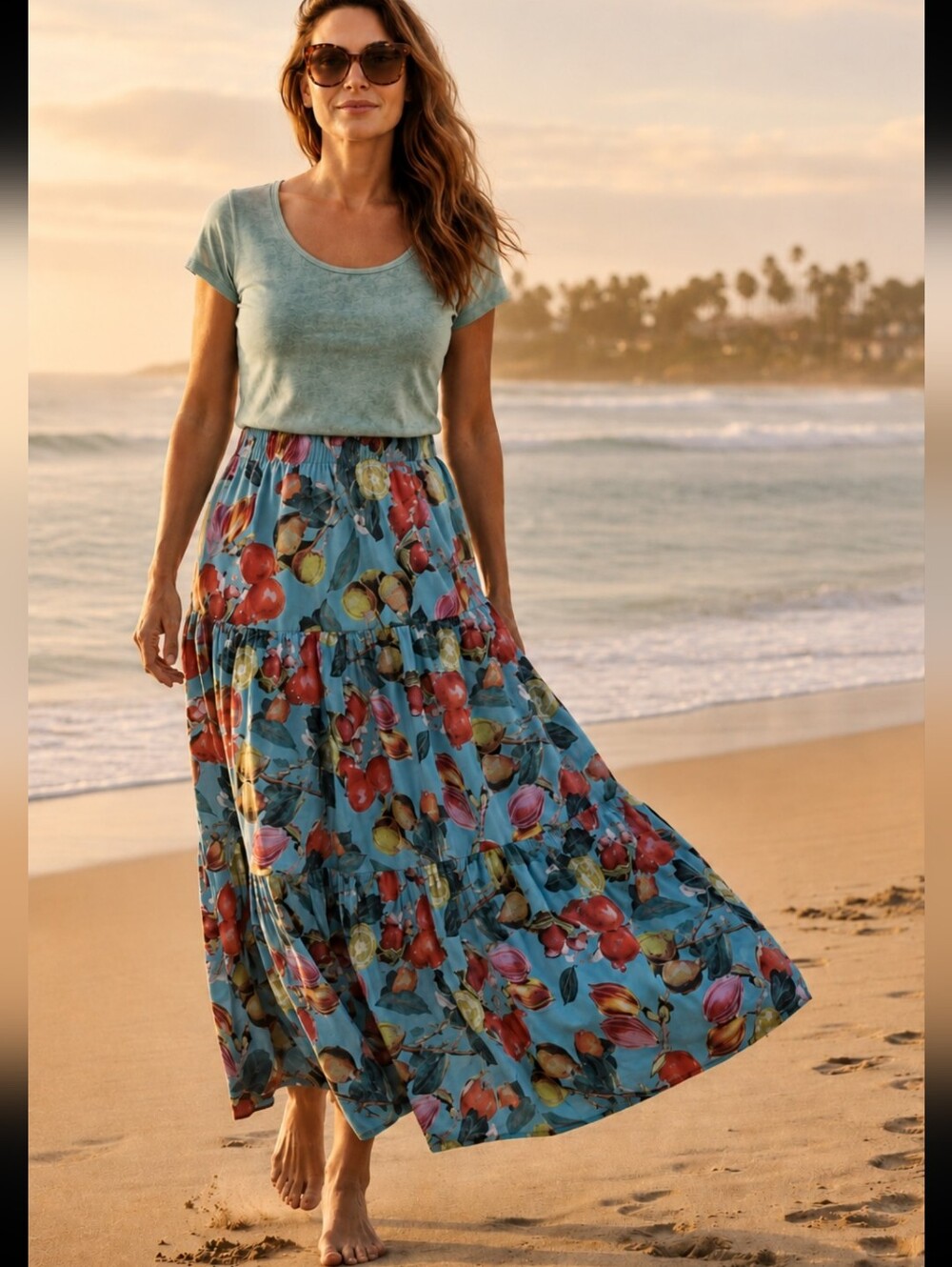 NWT Cara Cara Melanie Maxi Skirt M Fruit Blue Tropical Print Tiered Cotton $395